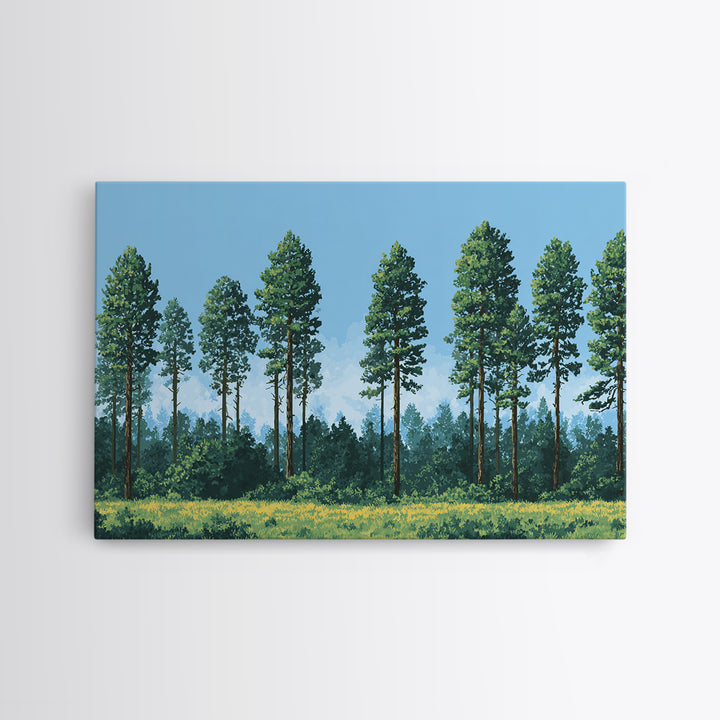 Tall Pine Forest Meadow Wall Art, Nature Landscape Canvas Print, Midcentury Modern Decor For Cabin Living Room Office Art