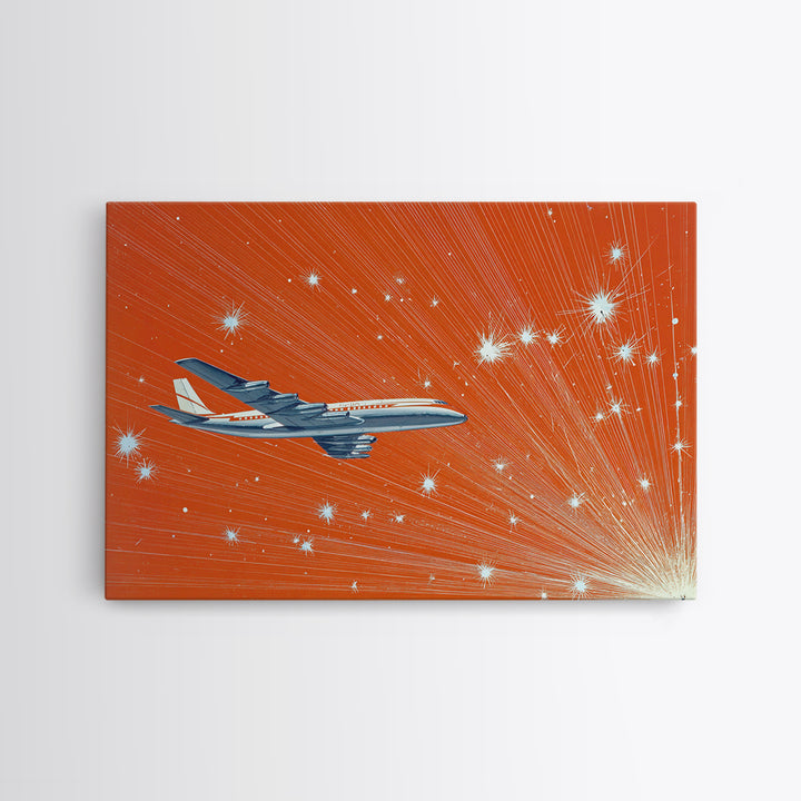Orange Starburst Jet Canvas Print, Midcentury Modern Wall Art, Retro Aviation Poster, Bold Atomic Travel Decor Gift For Him