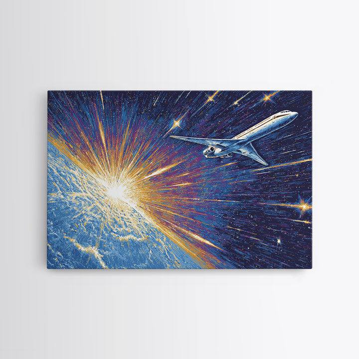 Space Age Jet Over Earth Wall Art, Midcentury Modern Poster, Retro Sci Fi Aviation Print, Blue Atomic Home Decor Gift For Him
