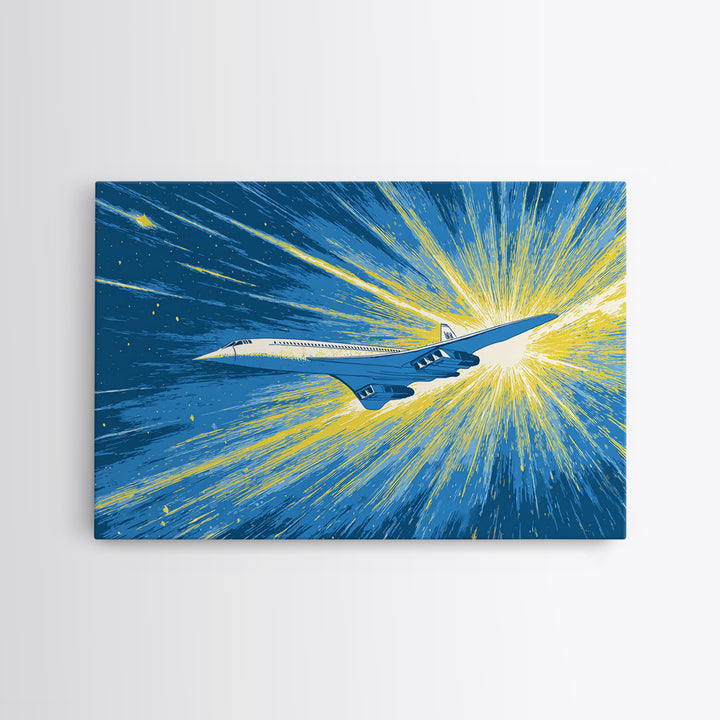 Supersonic Jet Burst Framed Canvas Print, Midcentury Modern Wall Art, Retro Sci Fi Poster, Blue Yellow Aviation Home Decor