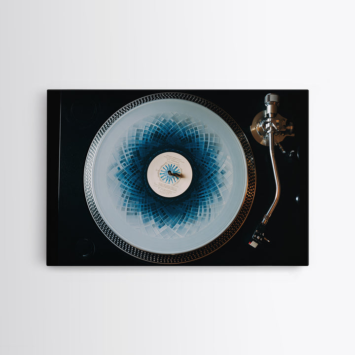 Blue Spirograph Vinyl Record Framed Canvas Print, Modern Music Wall Decor, Turntable Photography, Geometric MCM Art Print