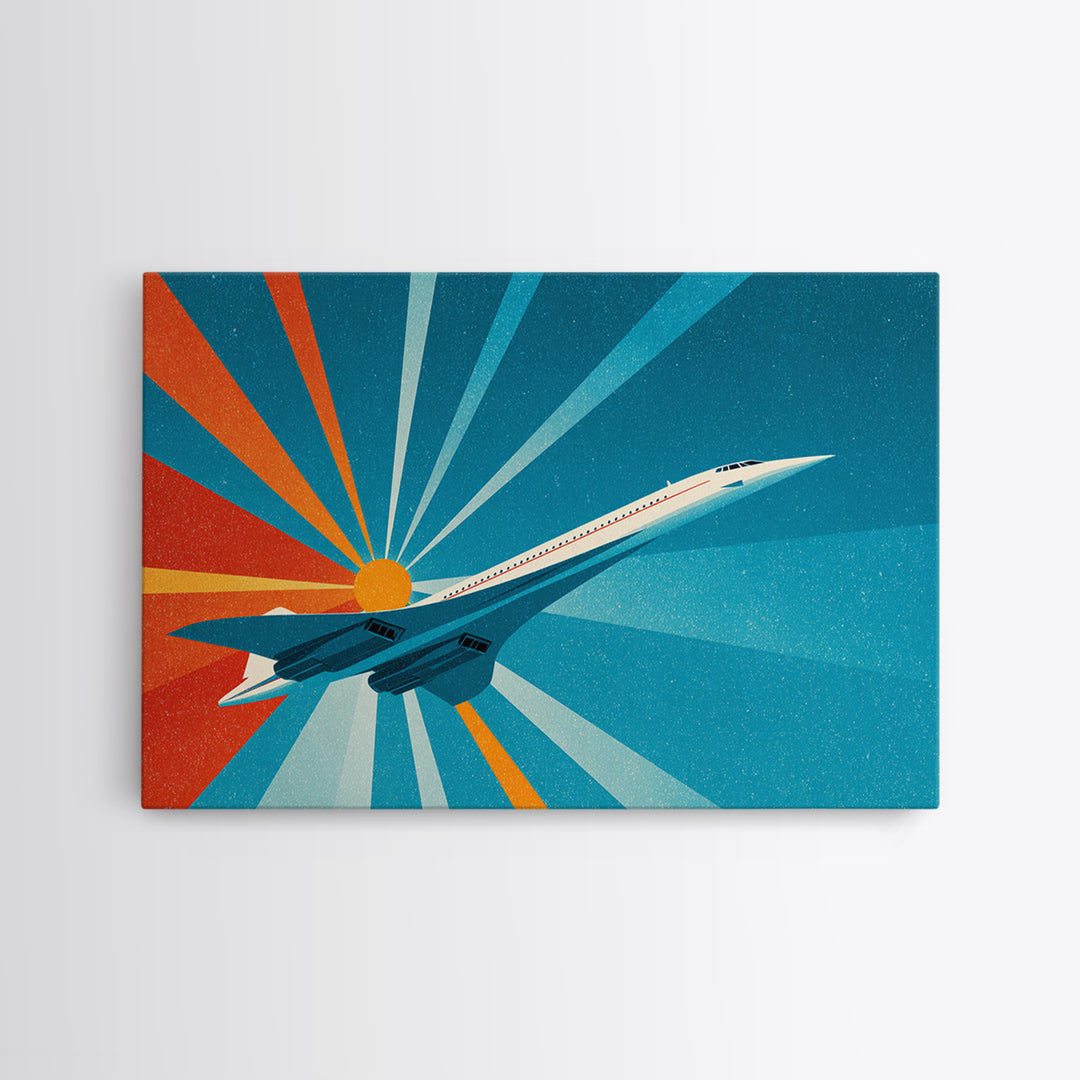 Retro Jet Sunrise Rays Canvas Print, Midcentury Modern Wall Art, Atomic Aviation Poster, Teal Orange Travel Decor Gift For Him