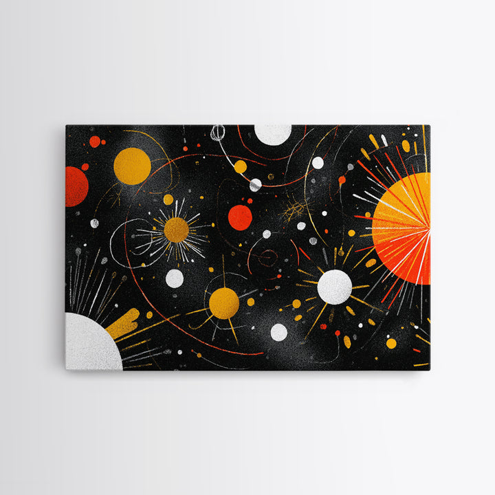 Atomic Black Cosmic Orbits With Red And Gold Suns Wall Art, Mid Century Modern Space Abstract Print, Retro MCM Wall Decor