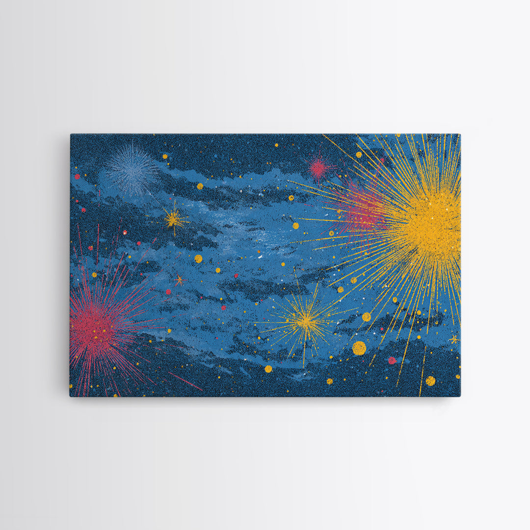 Blue Nebula Sky With Yellow Pink Starbursts Canvas Print, Mid Century Modern Space Abstract Art, Retro Colorful Wall Decor