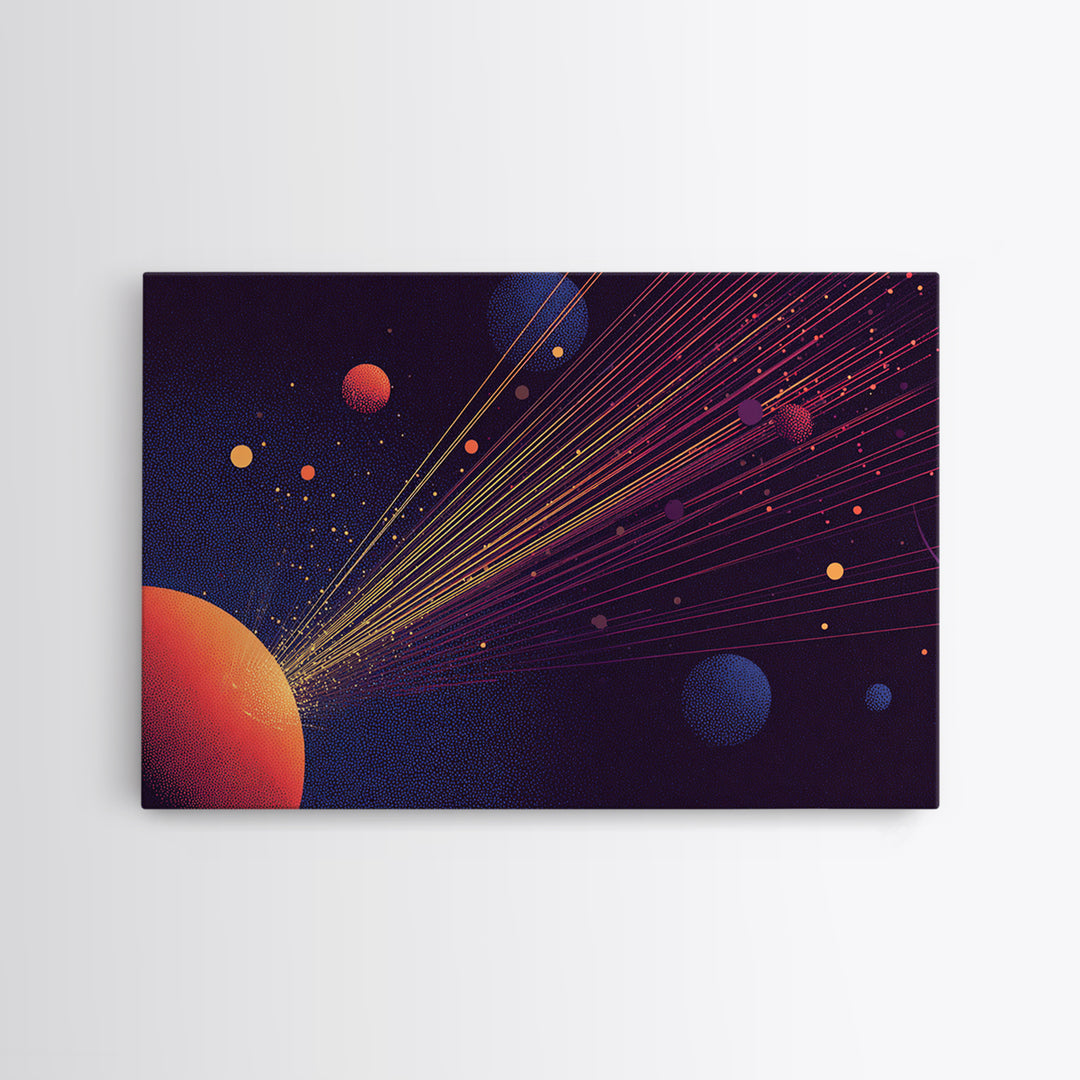Orange Planet With Laser Orbit Lines Canvas Print, Mid Century Modern Space Poster, Retro Sci Fi Wall Art, MCM Room Decor