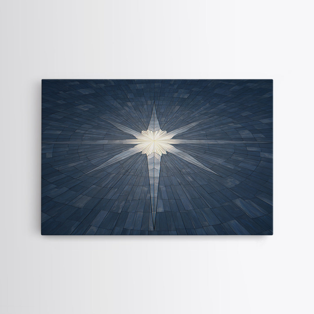 Glowing Star On Blue Geometric Tiles Canvas Print, Modern Wall Art, Abstract Architectural Decor, Minimalist MCM Poster Print