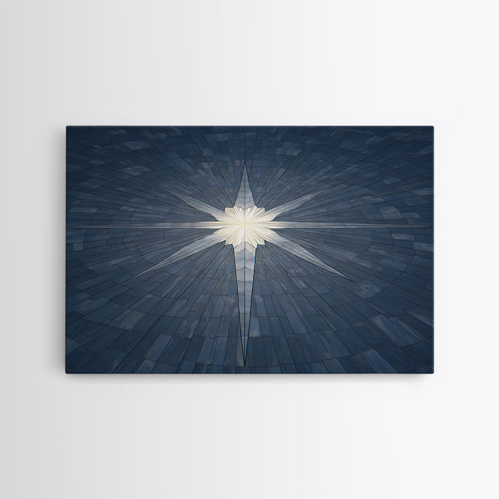 Glowing Star On Blue Geometric Tiles Canvas Print, Modern Wall Art, Abstract Architectural Decor, Minimalist MCM Poster Print