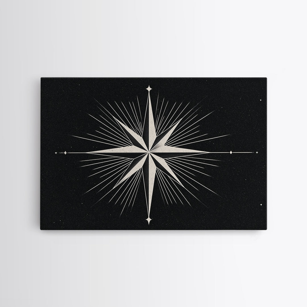 White Compass Star On Black Speckled Sky Wall Art, Mid Century Modern Abstract Print, Minimalist Retro Geometric Wall Decor