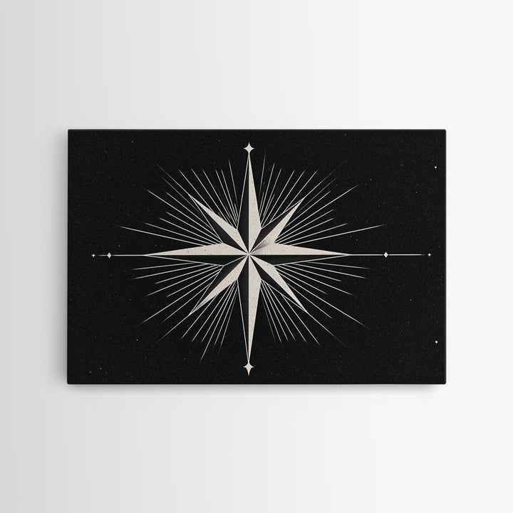 White Compass Star On Black Speckled Sky Wall Art, Mid Century Modern Abstract Print, Minimalist Retro Geometric Wall Decor
