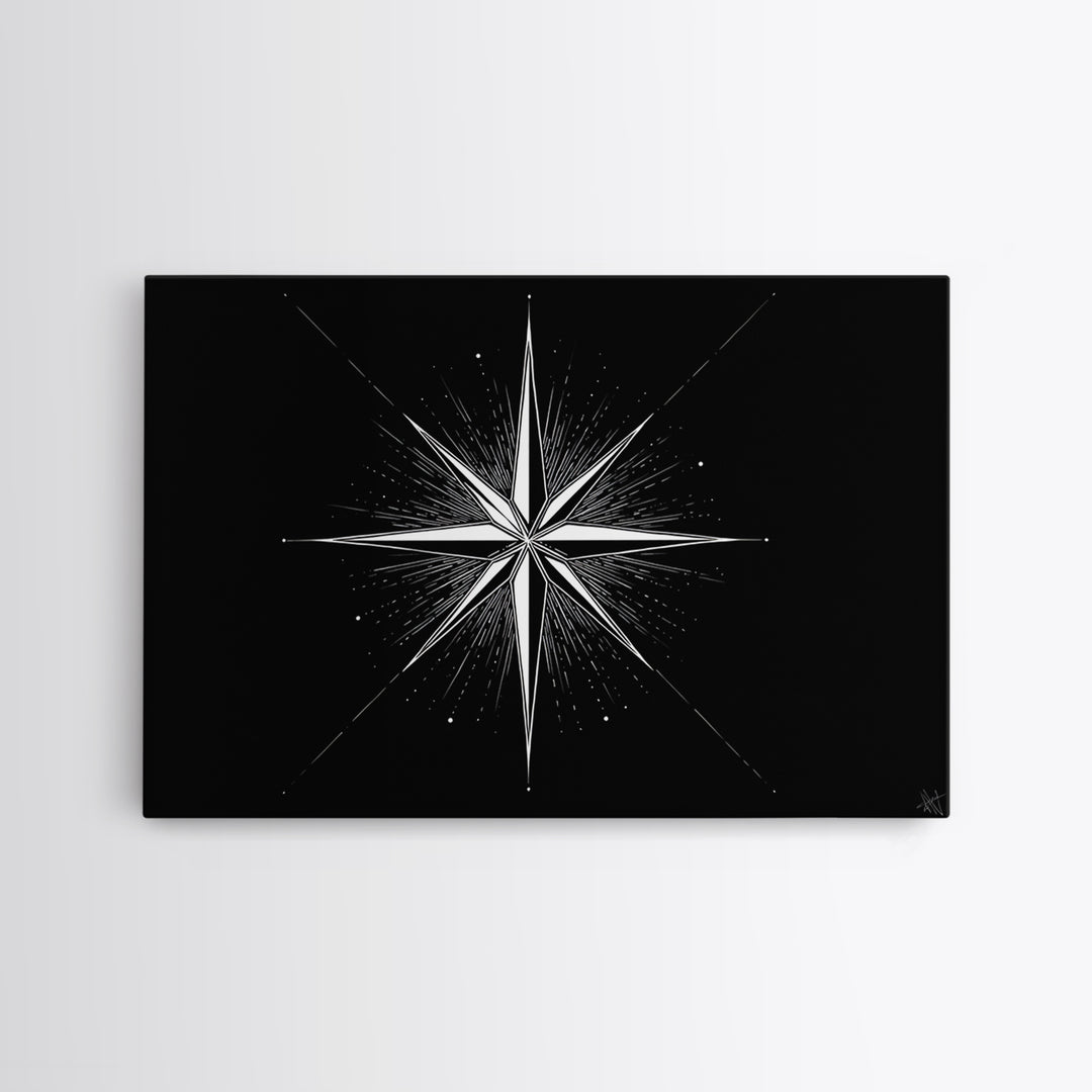 Sharp White Starburst On Deep Black Canvas Print, Minimalist Geometric Wall Art, Modern Abstract Poster, Retro MCM Decor