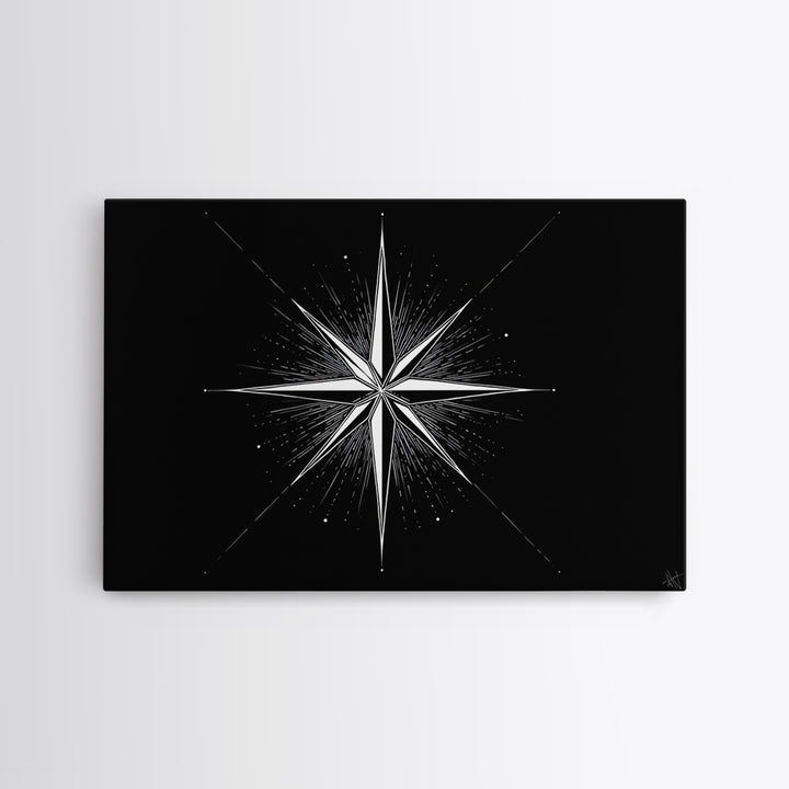 Sharp White Starburst On Deep Black Canvas Print, Minimalist Geometric Wall Art, Modern Abstract Poster, Retro MCM Decor