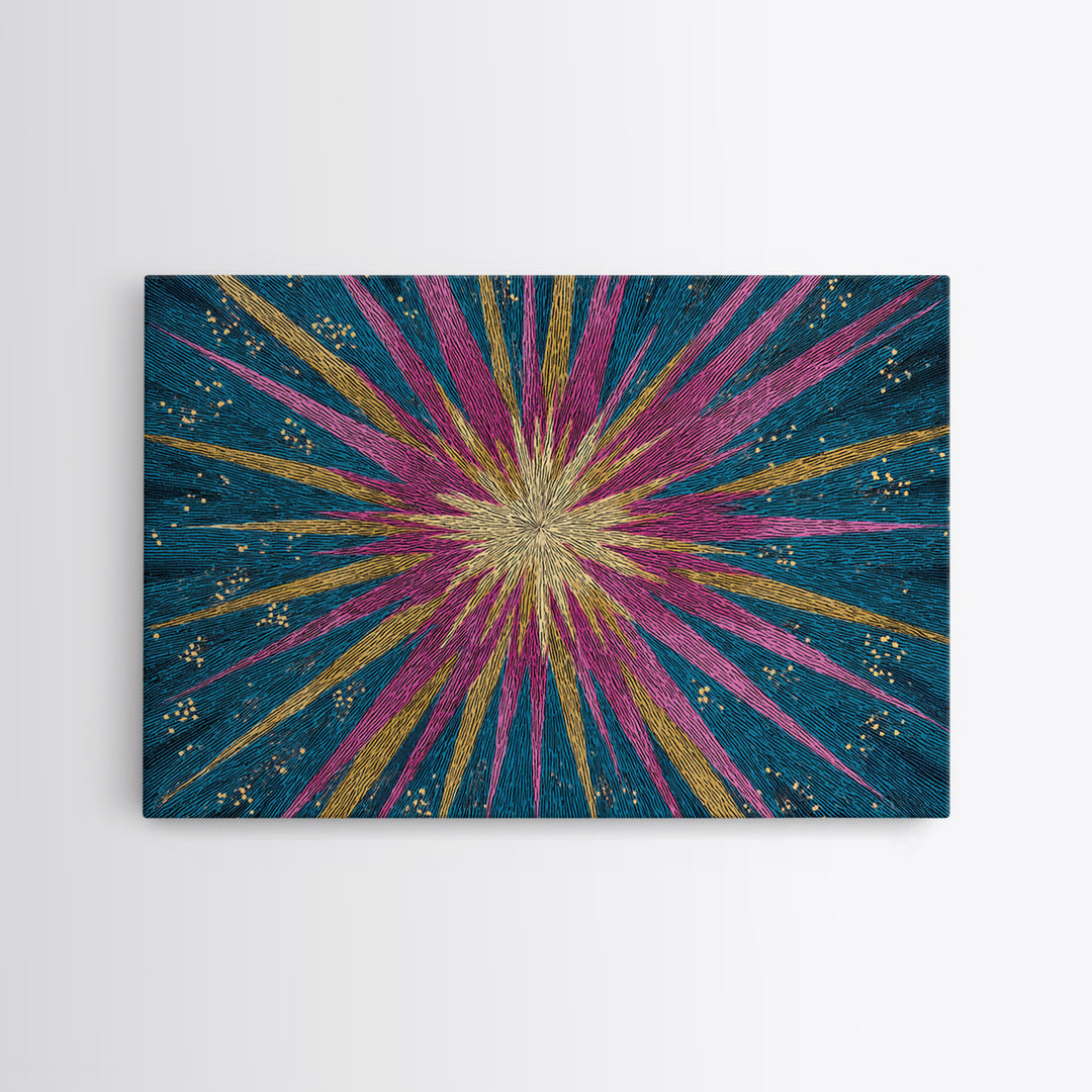 Teal Pink Gold Radiating Star Lines Framed Canvas Print, Modern Abstract Wall Art, Colorful Mid Century Modern MCM Decor Poster