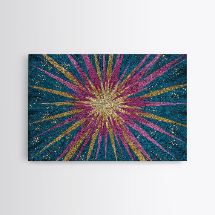 Teal Pink Gold Radiating Star Lines Framed Canvas Print, Modern Abstract Wall Art, Colorful Mid Century Modern MCM Decor Poster