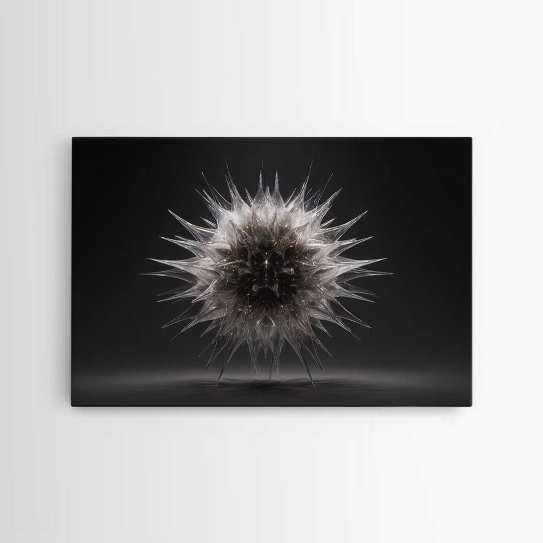Silver Thorn Sphere Framed Canvas Print, Modern Abstract Art, Black Wall Decor, Sci Fi Sculpture Poster, Masculine Home Office Art