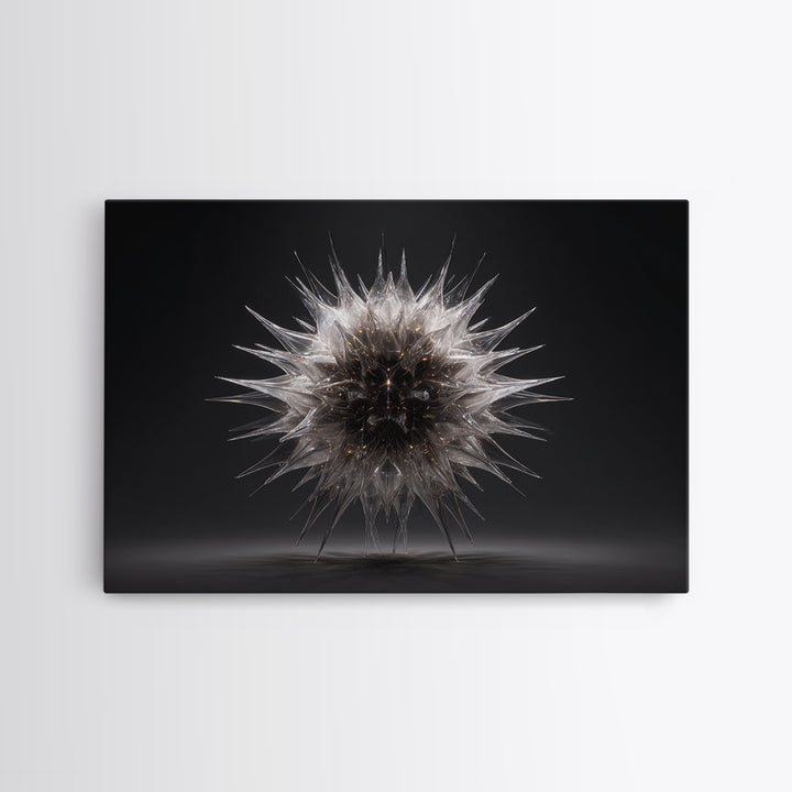 Silver Thorn Sphere Framed Canvas Print, Modern Abstract Art, Black Wall Decor, Sci Fi Sculpture Poster, Masculine Home Office Art