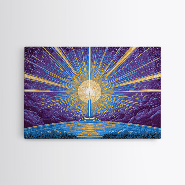 Radiant Rocket Sunrise Wall Art, Retro Sci Fi Poster, Mid Century Modern Art Print, Blue Yellow Space Decor, Space Abstract Art