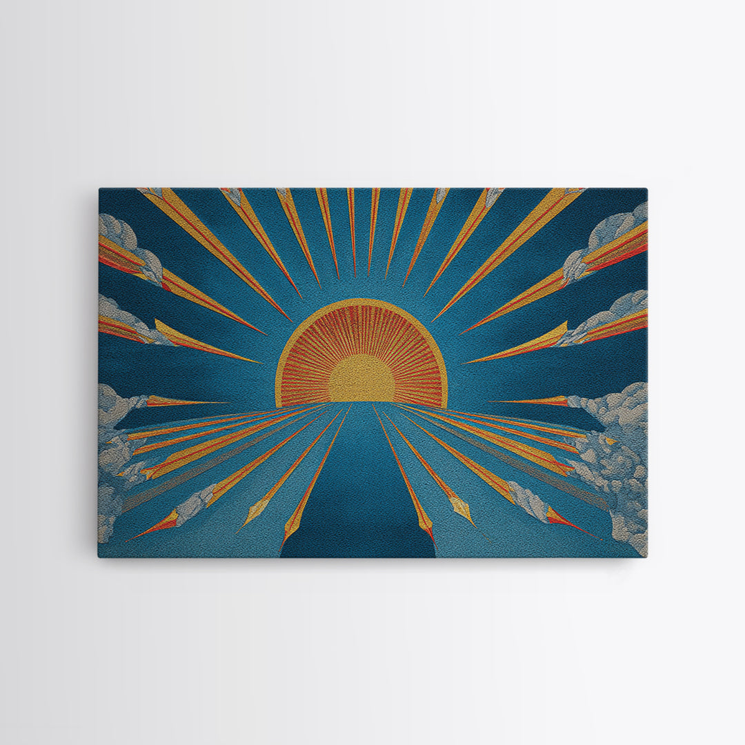 Embroidered Sunburst Canvas Print, Mid Century Modern Wall Art, Retro Sun Poster, Teal Orange Textile Style Home Decor Print