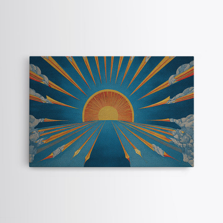 Embroidered Sunburst Canvas Print, Mid Century Modern Wall Art, Retro Sun Poster, Teal Orange Textile Style Home Decor Print
