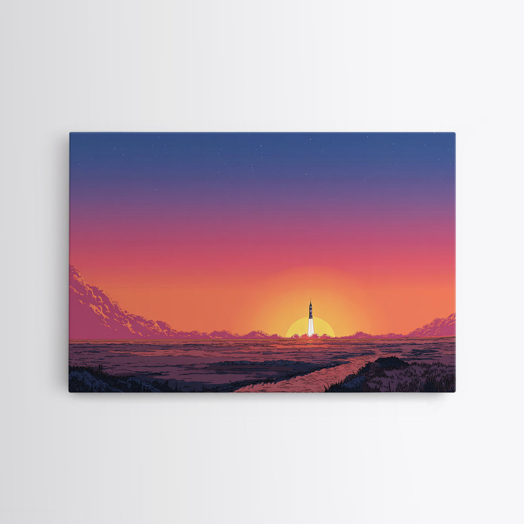 Rocket Sunset Landscape Wall Art, Retro Sci Fi Poster, Mid Century Modern Print, Orange Pink Desert Decor, Space Travel Art
