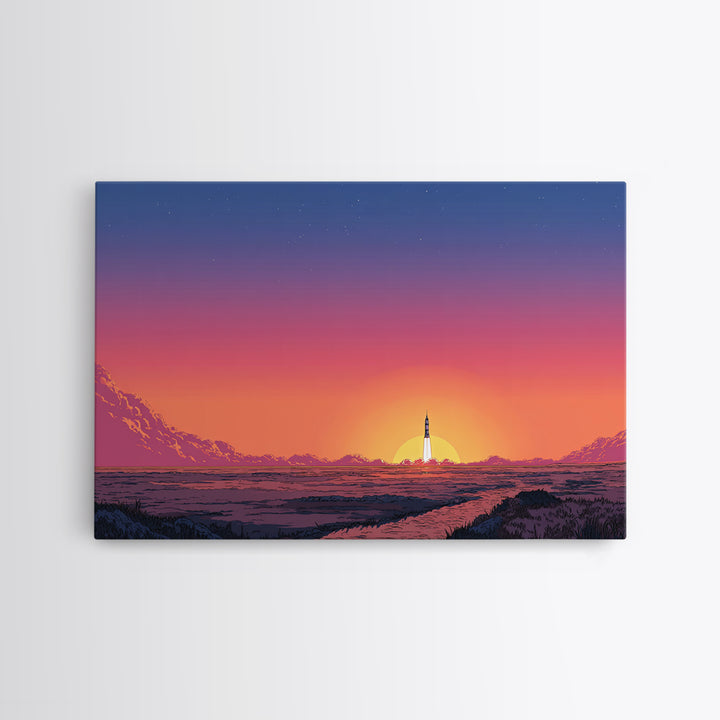 Rocket Sunset Landscape Wall Art, Retro Sci Fi Poster, Mid Century Modern Print, Orange Pink Desert Decor, Space Travel Art