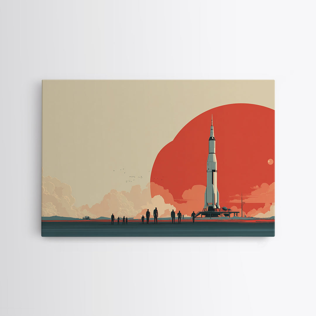 Minimal Rocket Red Sun Framed Canvas Print, Mid Century Modern Wall Art, Space Age Poster, Palm Springs Colors, Retro Decor