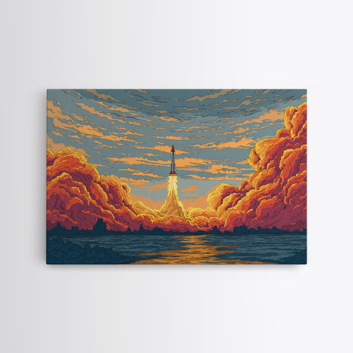Rocket Launch Clouds Canvas Print, Retro Sci Fi Wall Art, Mid Century Modern Poster, Orange Blue Landscape Decor, Space Art Print