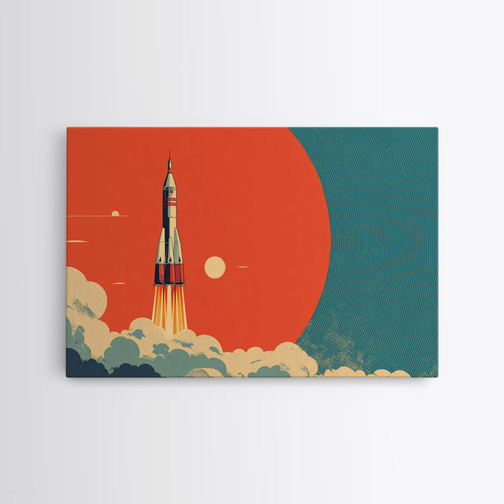 Retro Rocket Launch At Orange Planet, Midcentury Modern Wall Art, Space Poster, Sci Fi Print, Atomic Decor For Living Room