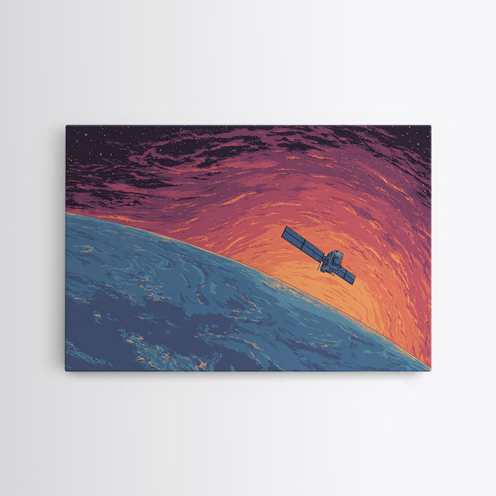 Satellite Over Blue Planet At Sunset, Retro Sci Fi Wall Art, Midcentury Modern Art Print, Space Poster For Home Office Decor