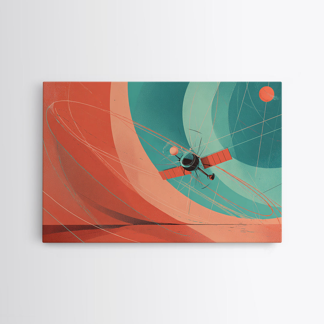 Abstract Satellite Orbit With Coral Teal Planets, Canvas Print, Midcentury Modern Wall Art, Geometric Space Poster Decor