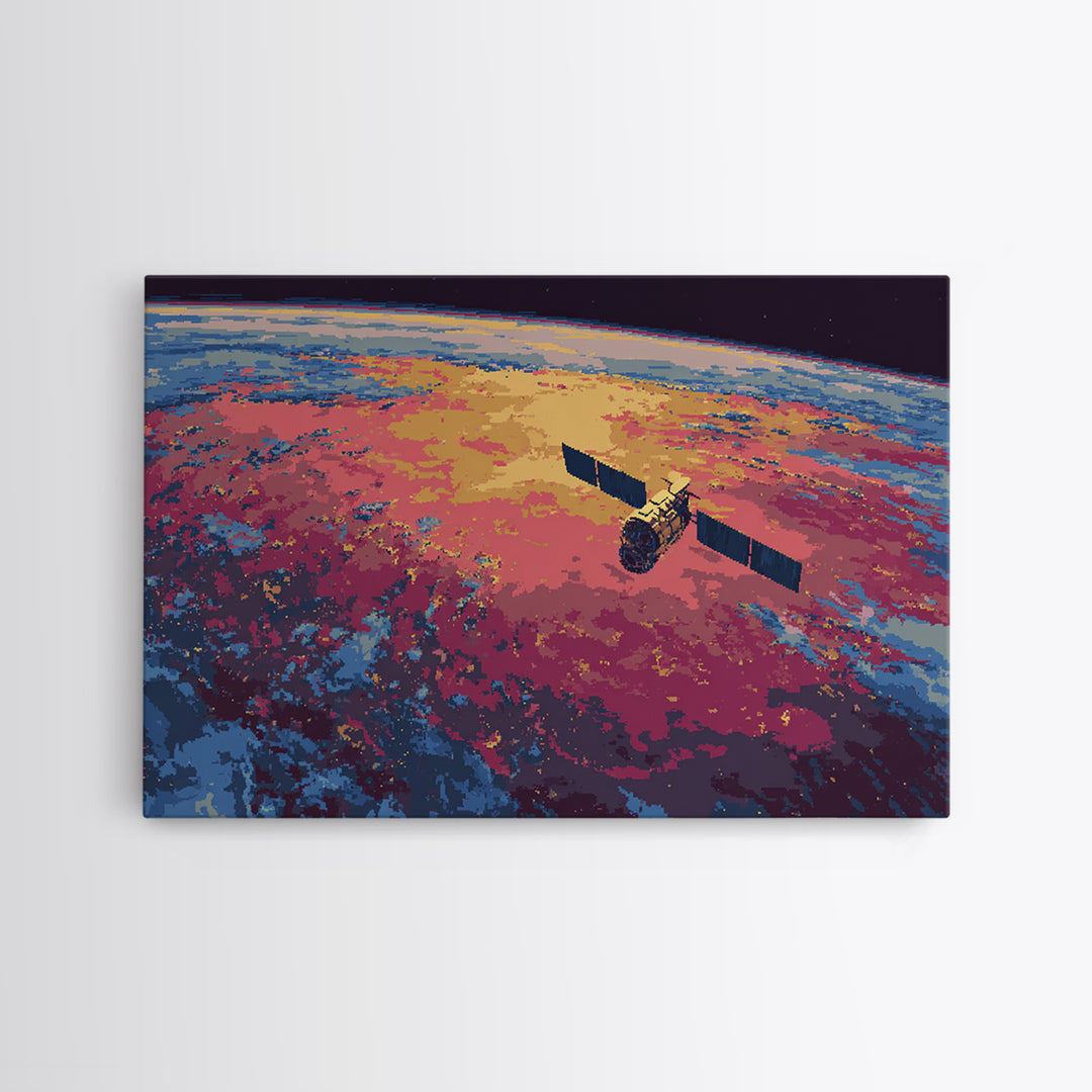 Colorful Satellite Above Pink Blue Earth, Midcentury Modern Wall Art, Retro Sci Fi Poster, Large Canvas Print For Office