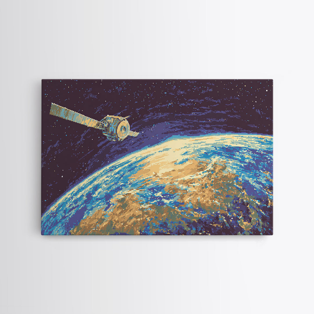 Satellite Over Earth With Stars, Midcentury Modern Wall Art, Retro Sci Fi Space Poster, Blue Canvas Print For Office Decor