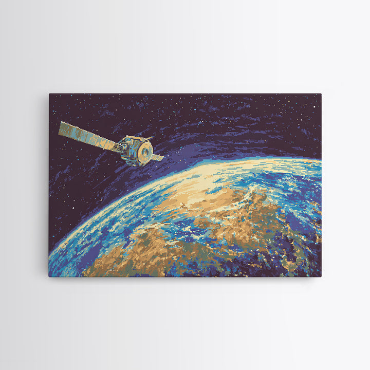 Satellite Over Earth With Stars, Midcentury Modern Wall Art, Retro Sci Fi Space Poster, Blue Canvas Print For Office Decor