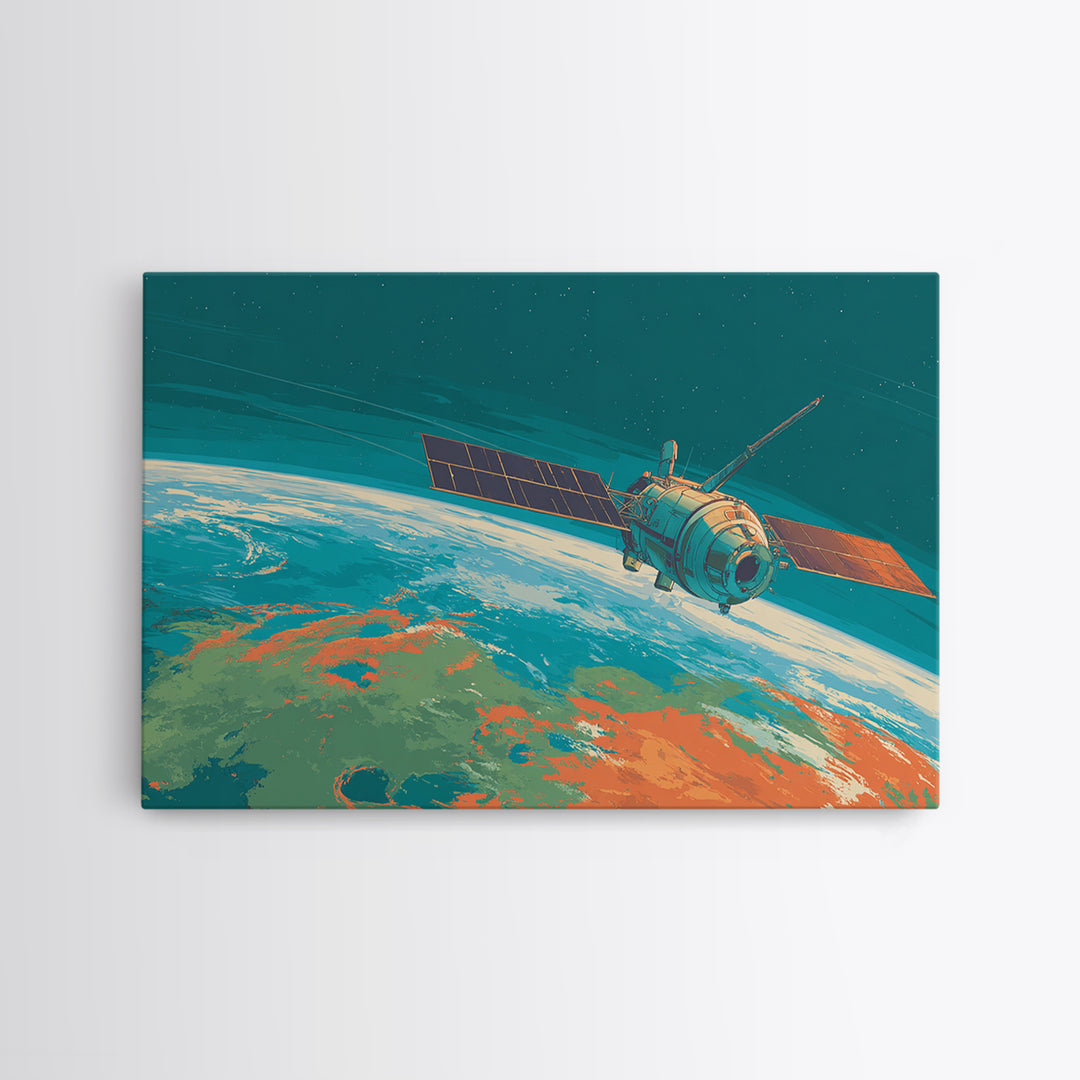 Teal Satellite Above Earth Horizon, Canvas Print, Midcentury Modern Wall Art, Retro Space Poster, Modern Home Office Decor