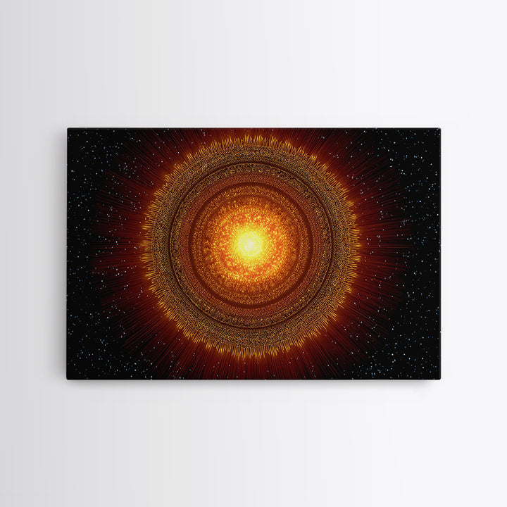 Radiant Orange Sun Star Mandala In Space, Midcentury Modern Wall Art, Cosmic Abstract Canvas Print, Spiritual Decor For Living Room