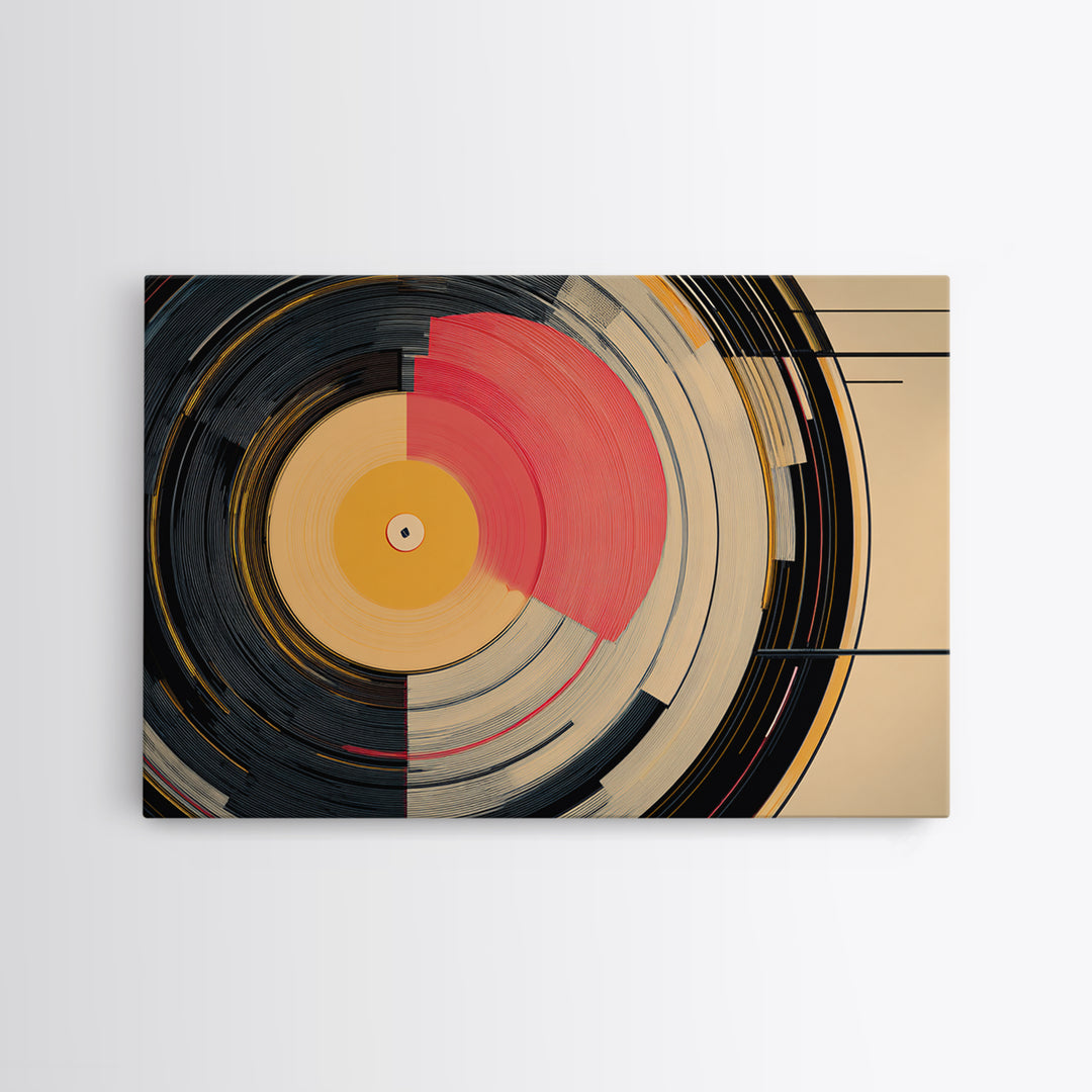 Coral And Gold Vinyl Circles Framed Canvas Print, Mid Century Modern Wall Decor, Abstract Record Art, Bold MCM Home Art Poster