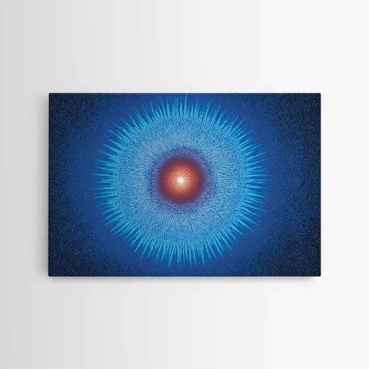 Electric Blue Cosmic Sun Burst, Abstract Wall Art, Midcentury Modern Canvas Print, Space Poster For Modern Home Office Decor