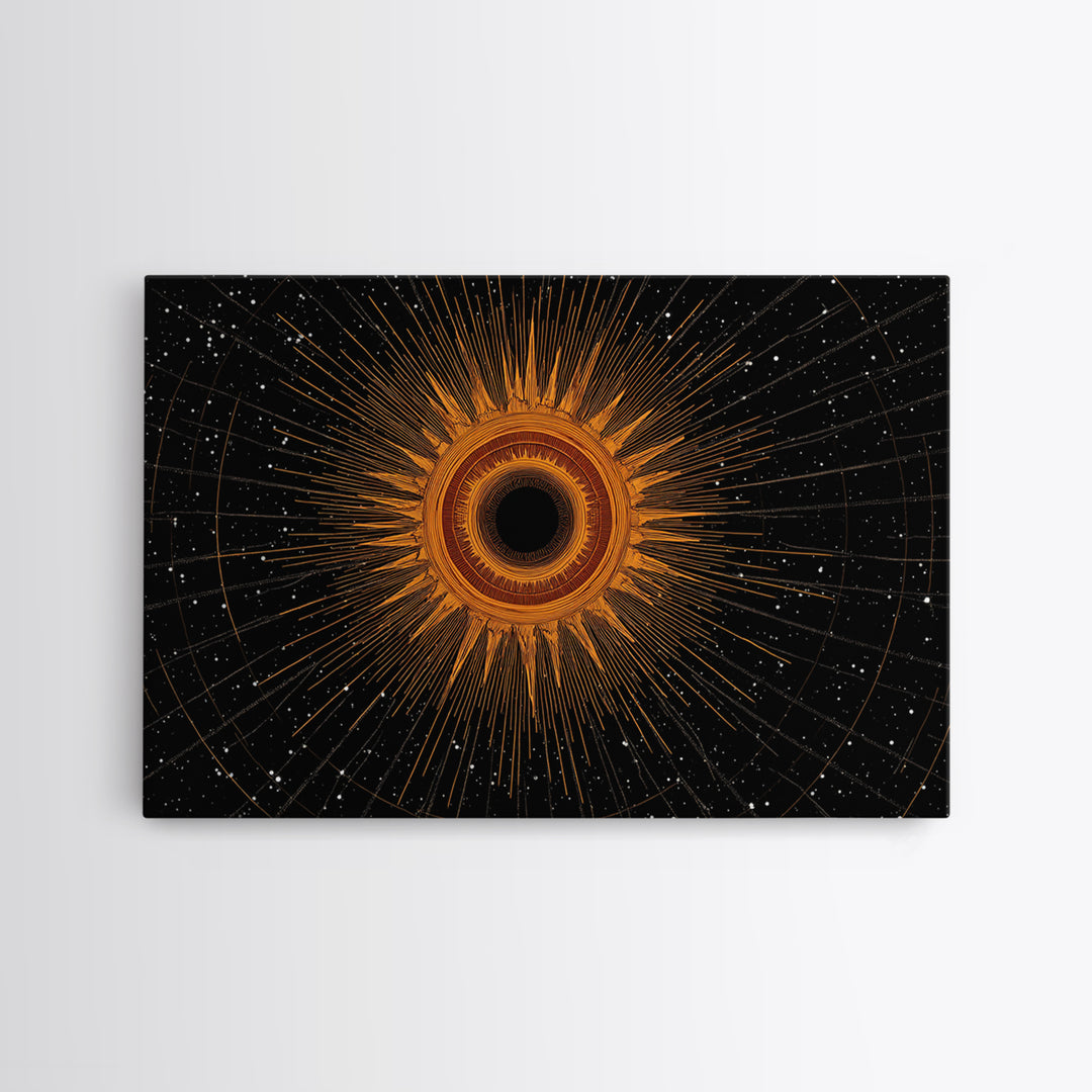 Orange Eclipse Starburst In Black Space Wall Art, Midcentury Modern Art Print, Atomic Retro Decor, Cosmic Abstract Poster
