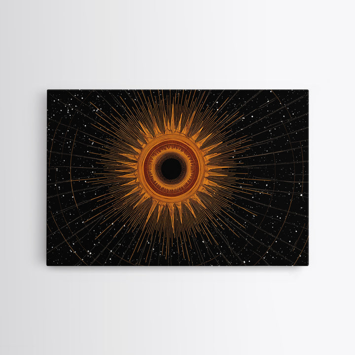 Orange Eclipse Starburst In Black Space Wall Art, Midcentury Modern Art Print, Atomic Retro Decor, Cosmic Abstract Poster