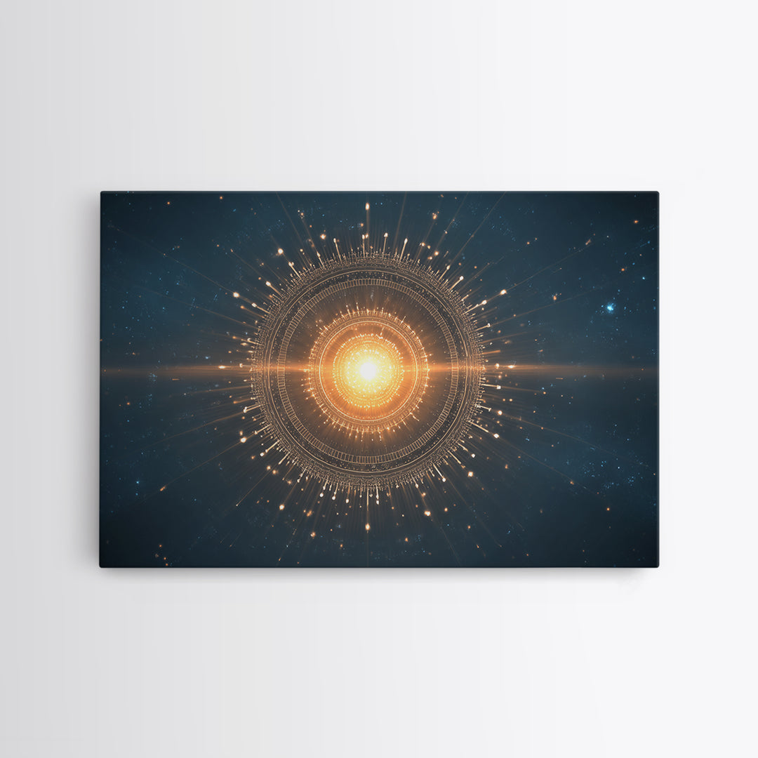 Glowing Golden Sun Mandala In Deep Space Canvas Print, Modern Abstract Art, Celestial Wall Decor, Midcentury Cosmic Poster