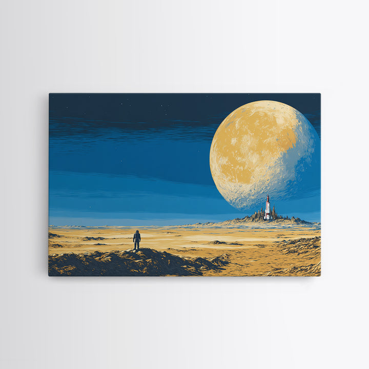 Lone Astronaut On Golden Moon Desert Wall Art, Retro Sci Fi Landscape Poster, Midcentury Modern Space Decor, Blue Yellow Print