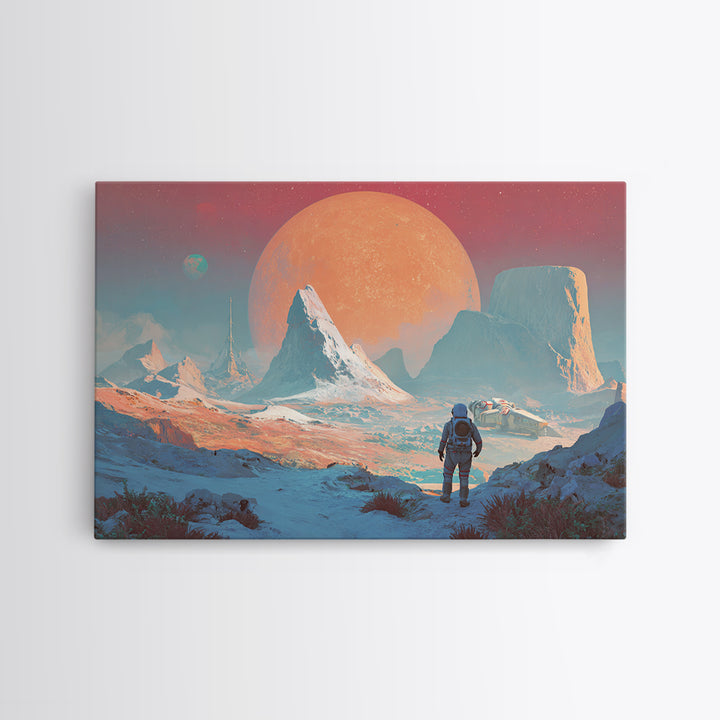 Pastel Astronaut Alien Planet Mountain Framed Canvas Print, Modern Sci Fi Wall Art, Pink Blue Landscape, Retro Space Decor
