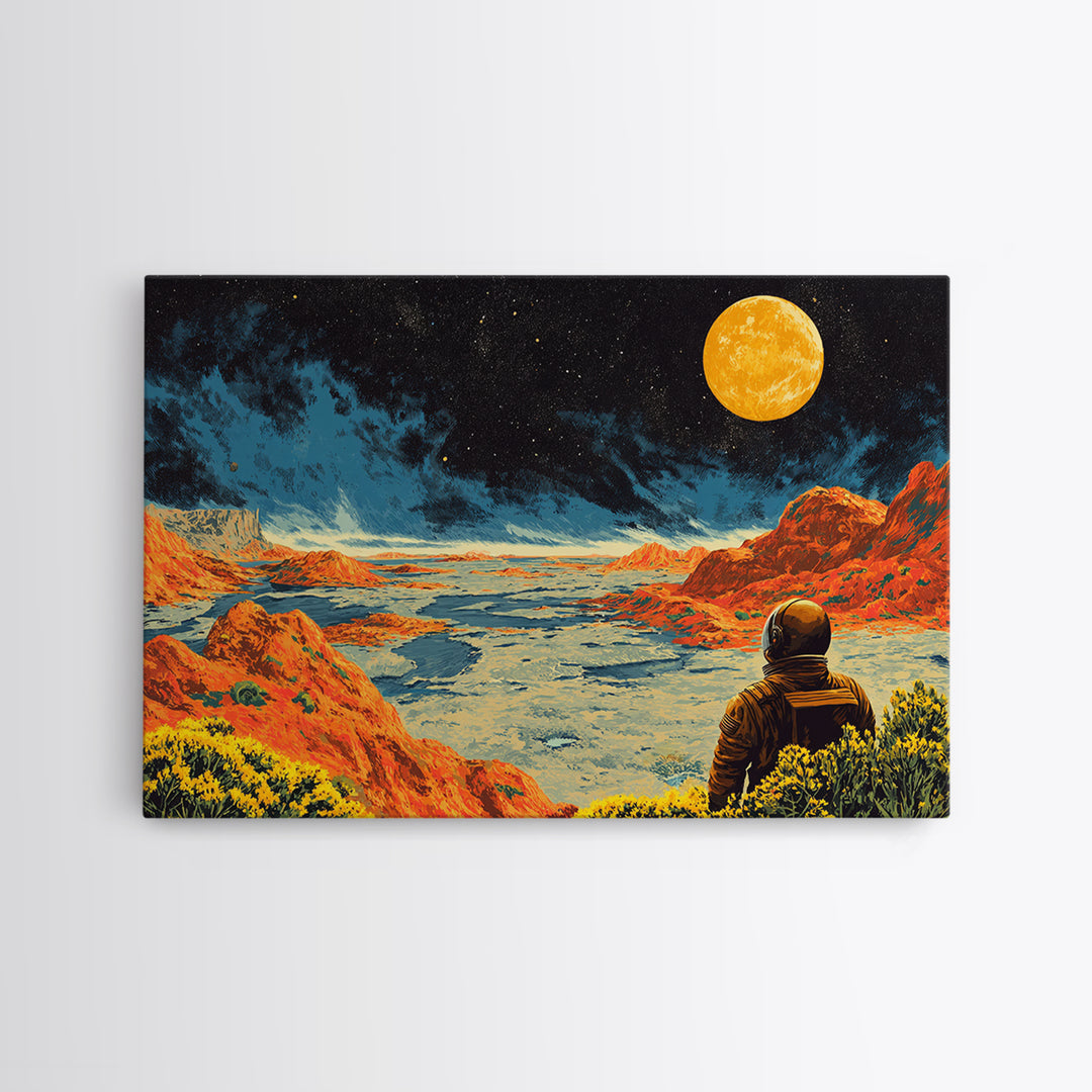 Astronaut On Orange Lunar Desert Wall Art, Retro Sci Fi Moon Poster, Midcentury Modern Art Print, Bold Space Landscape Decor