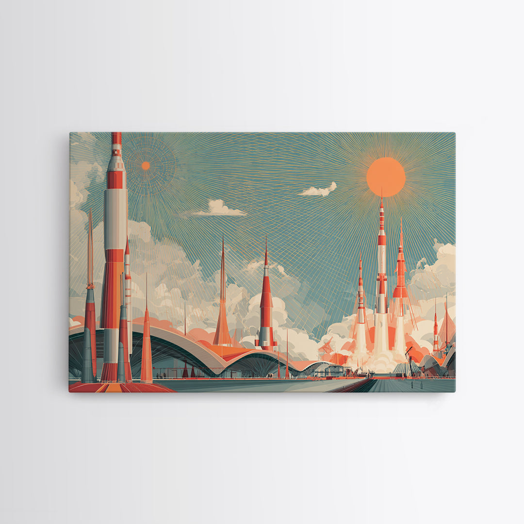 Retro Rocket City Launch With Orange Sun Wall Art, Midcentury Modern Space Poster, Atomic Architecture Decor, Teal Print