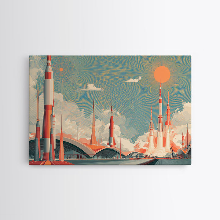Retro Rocket City Launch With Orange Sun Wall Art, Midcentury Modern Space Poster, Atomic Architecture Decor, Teal Print
