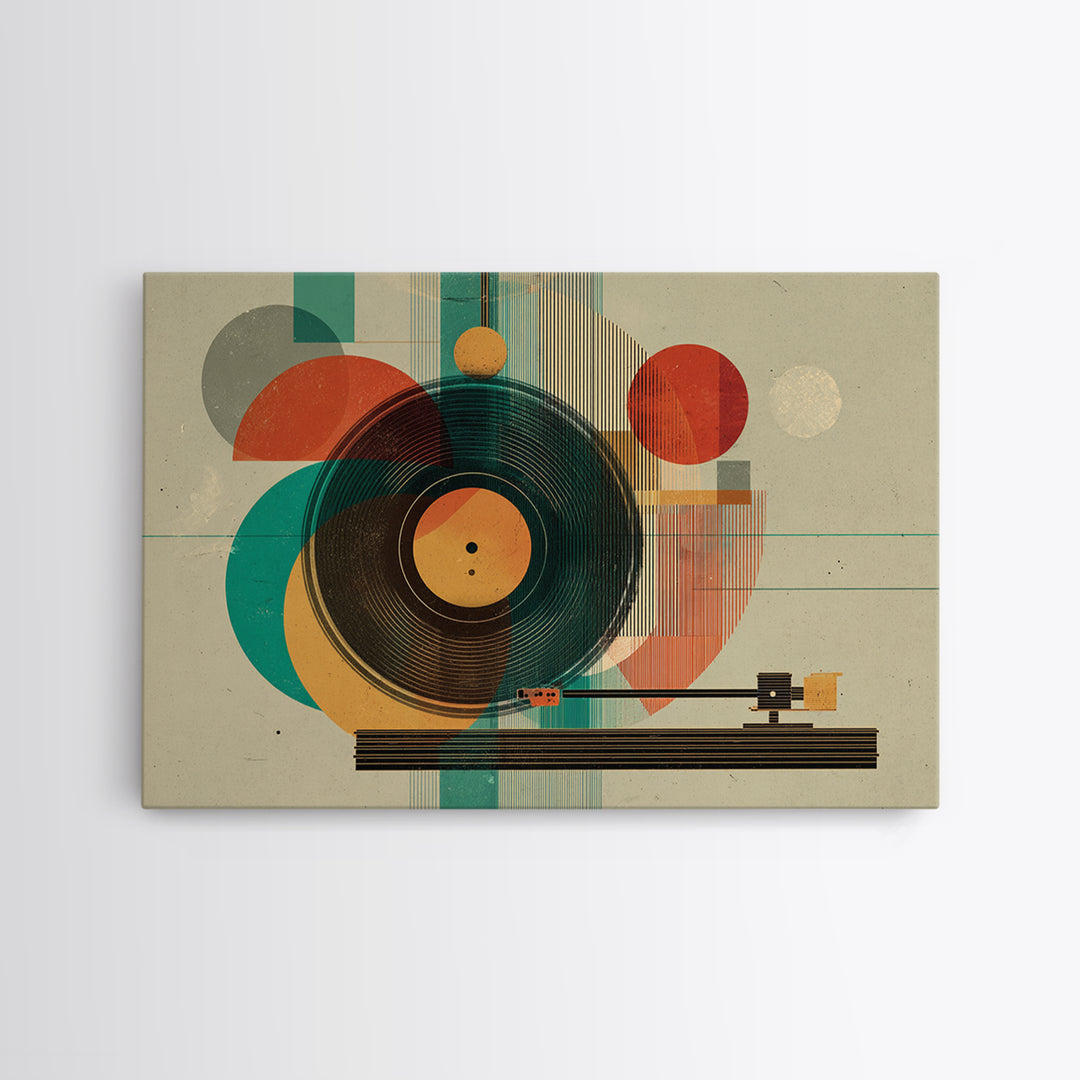 Teal Orange Geometric Turntable Wall Art, Mid Century Modern Record Player Decor, Abstract Music Poster, Retro MCM Print