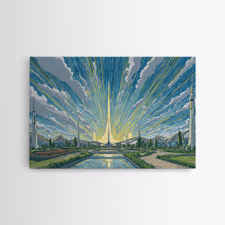 Futuristic Rocket Skyline At Sunrise Framed Canvas Print, Midcentury Modern Wall Art, Atomic City Poster, Blue Yellow Decor