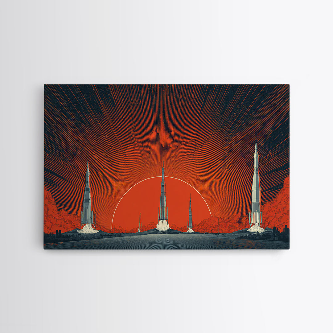 Rocket Sunscape Wall Art, Retro Futuristic Space Poster, Midcentury Modern Art Print, Large Atomic Orange MCM Wall Decor