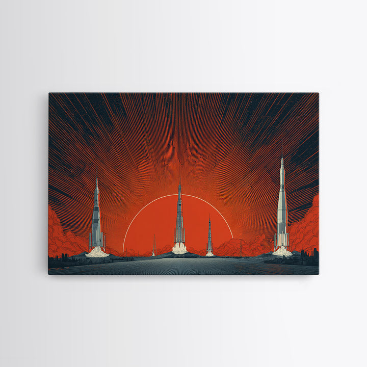 Rocket Sunscape Wall Art, Retro Futuristic Space Poster, Midcentury Modern Art Print, Large Atomic Orange MCM Wall Decor