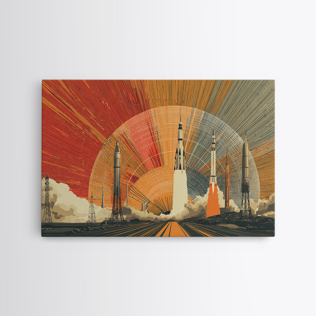 Rocket Launch Wall Art, Retro Space Race Poster, Midcentury Modern Art Print, Atomic Sunset Sci Fi Large MCM Office Decor