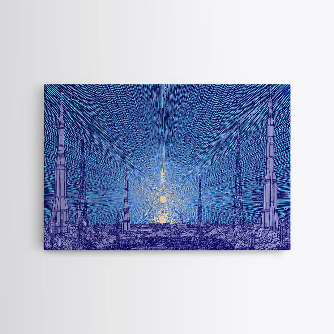 Blue Rocket Skyline Canvas Print, Retro Sci Fi Space Poster, Midcentury Modern Wall Art, Starry Atomic MCM Office Decor Print